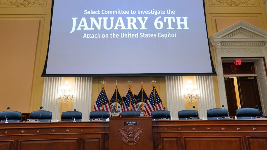 File - The dais is prepared ahead of the start of the hearing as the House select committee investigating the Jan. 6, 2021, attack on the Capitol continues to present its findings at the Capitol in Washington, Thursday, June 16, 2022.