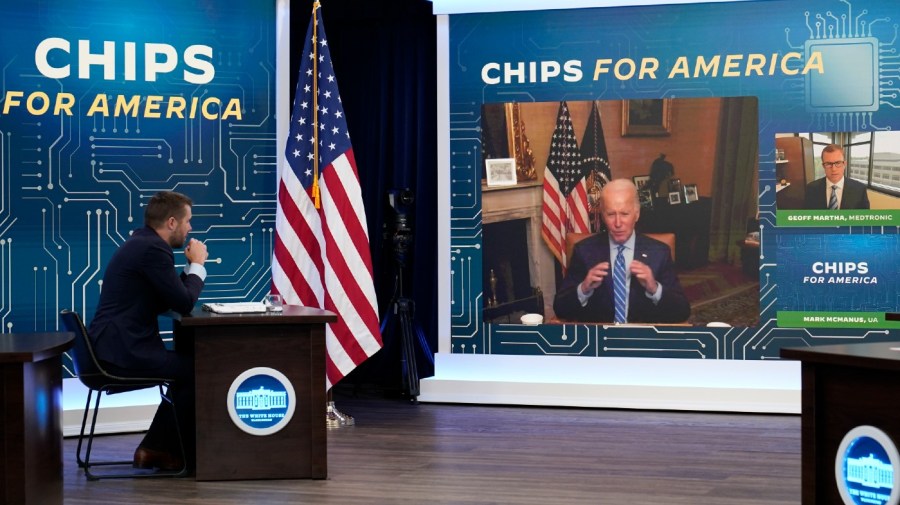 President Joe Biden speaks virtually during an event in the South Court Auditorium on the White House complex in Washington, Monday, July 25, 2022.