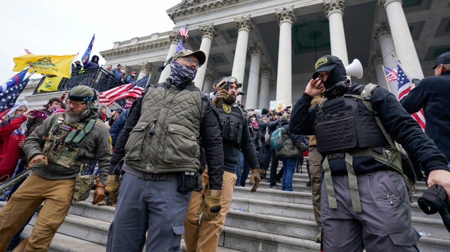 Members of the Oath Keepers on the East Front of the U.S. Capitol on Jan. 6, 2021, in Washington.