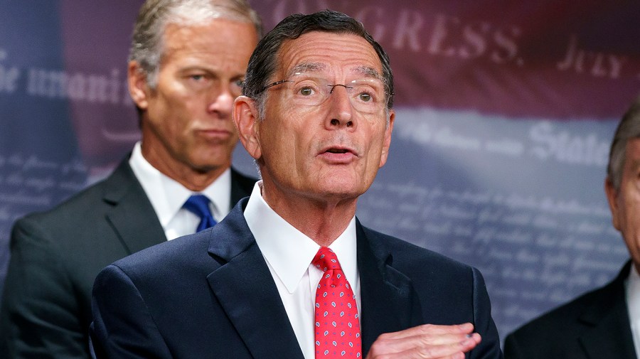 Sen. John Barrasso (R-Wyo.) addresses reporters following the weekly policy luncheon on Tuesday, July 19, 2022.