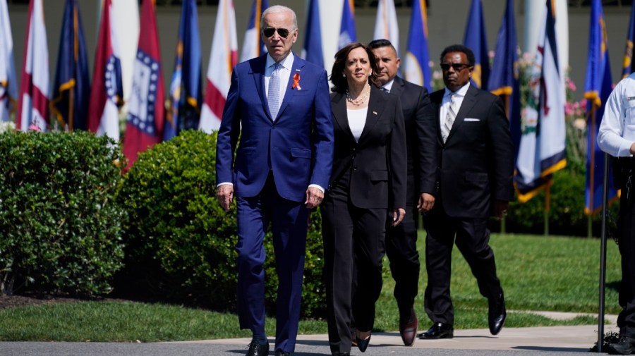 President Joe Biden and Vice President Kamala Harris, arrive for an event to celebrate the passage of the "Bipartisan Safer Communities Act," a law meant to reduce gun violence, on the South Lawn of the White House, Monday, July 11, 2022, in Washington.