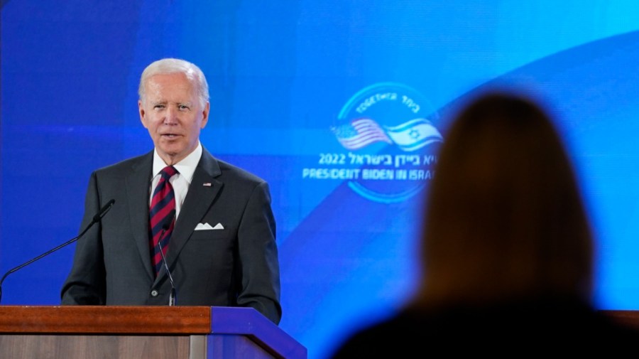 U.S. President Joe Biden takes a question from a journalist during a news conference in Jerusalem.