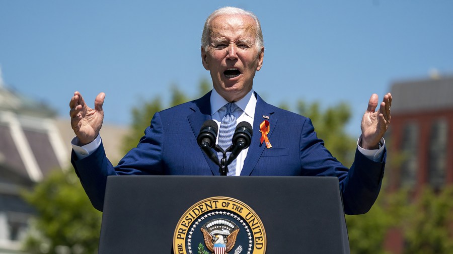 President Biden delivers remarks during an event celebrating the passage of the Bipartisan Safer Communities Act on on the South Lawn of the White House in Washington, D.C., on Monday, July 11, 2022.