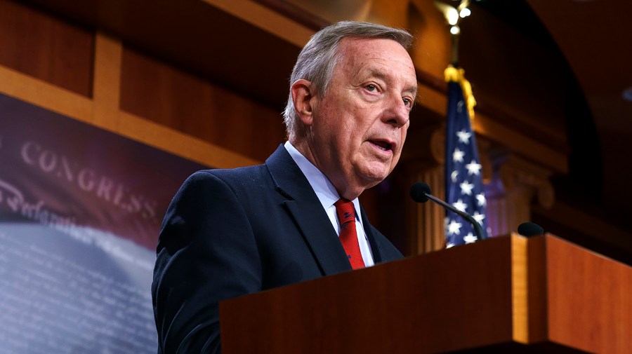 Sen. Richard Durbin (D-Ill.) addresses reporters following the weekly policy luncheon on Tuesday, July 19, 2022.