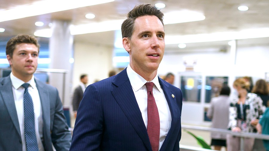 Sen. Josh Hawley (R-Mo.) arrives to the Capitol for procedural votes regarding the nomination of Federal Reserve Board Member nominee Michael Barr on Wednesday, July 13, 2022.