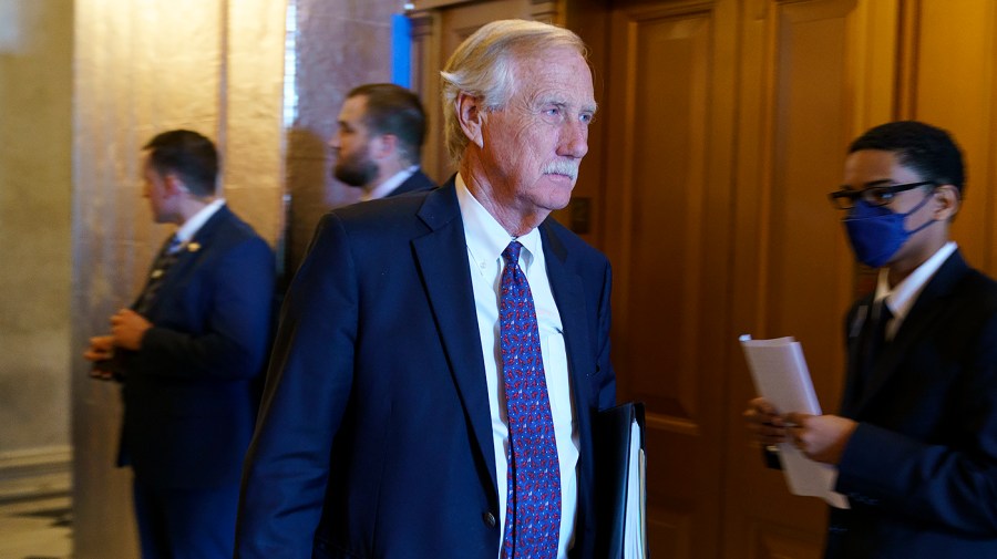 Sen. Angus King (I-Maine) leaves the Senate Chamber following a procedural vote regarding the nomination of Julianna Michelle Childs to be United States Circuit Judge for Washington, D.C., on Thursday, July 14, 2022.