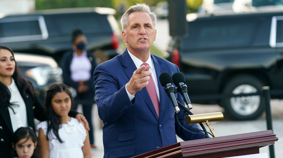 House Minority Leader Kevin McCarthy (R-Calif.) answers questions following a press event to introduce the newest member, Rep. Mayra Flores (R-Texas) outside at the Capitol Steps on Tuesday, June 21, 2022.