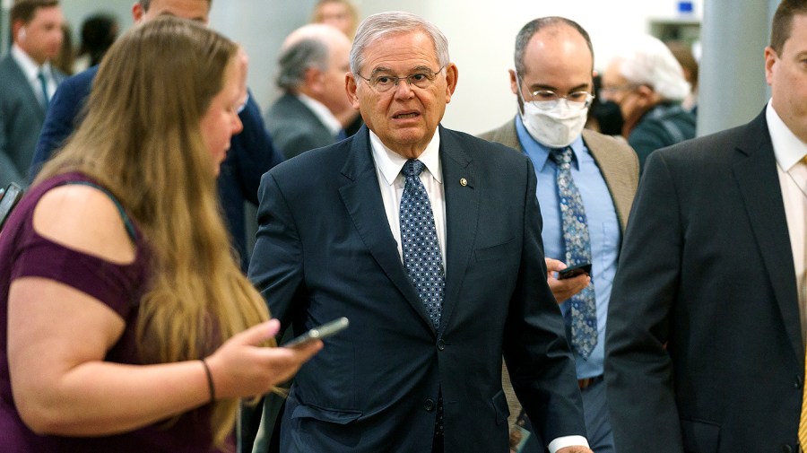 Sen. Robert Menendez (D-N.J.) arrives to the Capitol for procedural votes regarding the nomination of Federal Reserve Board Member nominee Michael Barr on Wednesday, July 13, 2022.