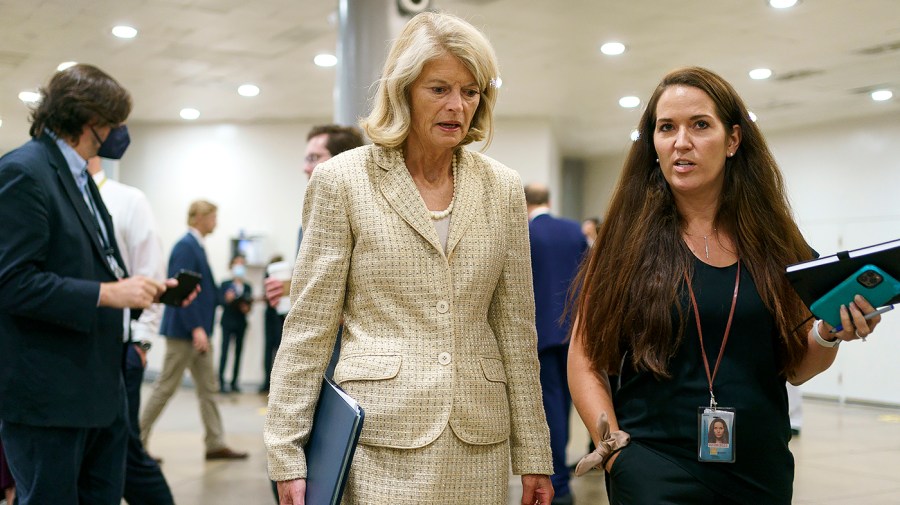 Sen. Lisa Murkowski (R-Alaska) arrives to the Capitol for procedural votes regarding the nomination of Federal Reserve Board Member nominee Michael Barr on Wednesday, July 13, 2022.