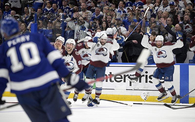 The Colorado Avalanche celebrate winning the Stanley Cup