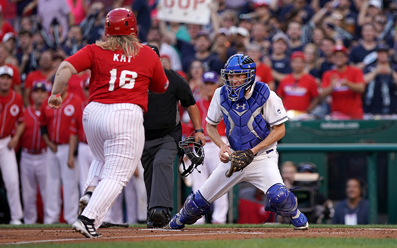 Sen. Chris Murphy (D-Conn.) and Rep. Kat Cammack (R-Fla.) play in the Congressional Baseball Game