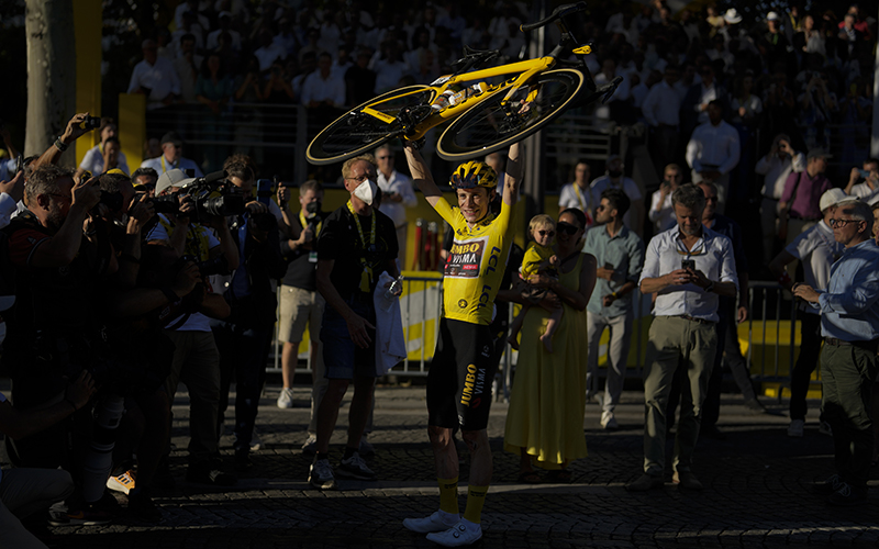 Tour de France winner Jonas Vingegaard of Denmark celebrates