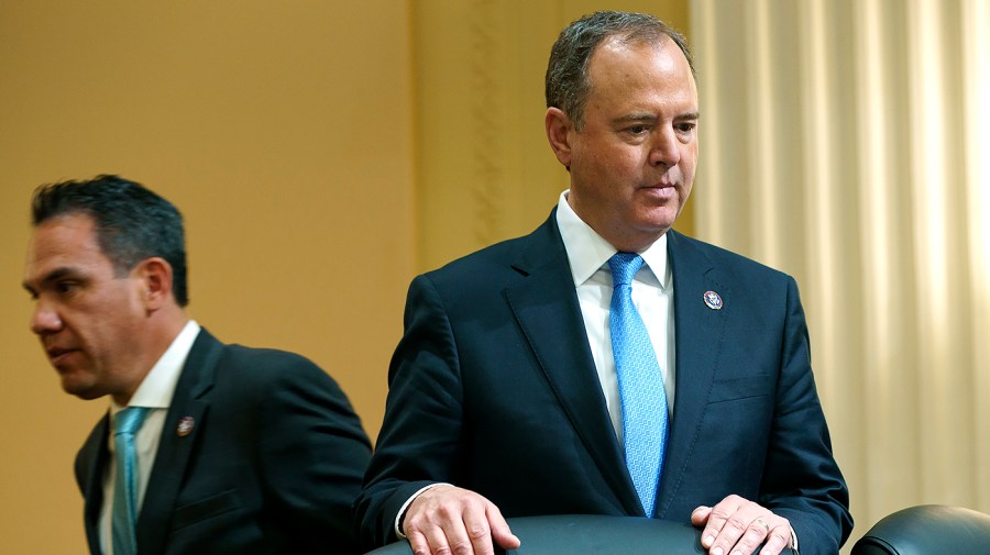 Rep. Adam Schiff (D-Calif.) returns from a break in a House Jan. 6 committee hearing on Tuesday, July 12, 2022 focusing on the ties between former President Trump and far-right extremist groups.