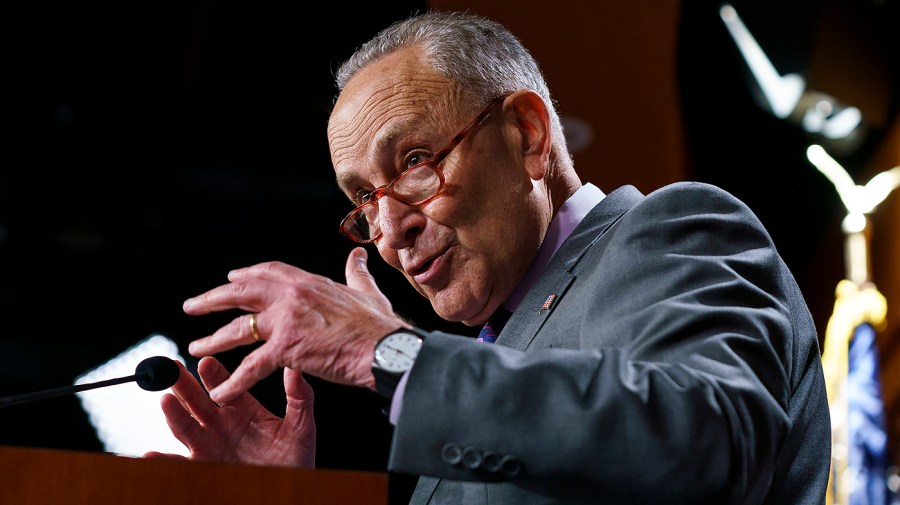 Majority Leader Charles Schumer (D-N.Y.) answers questions during a press conference following the weekly policy luncheon on Tuesday, July 19, 2022.