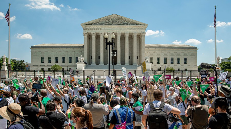 Protestors demonstrate at a pro-abortion rights protest organized by Planned Parenthood Action in Washington, D.C., on Thursday, June 30, 2022.