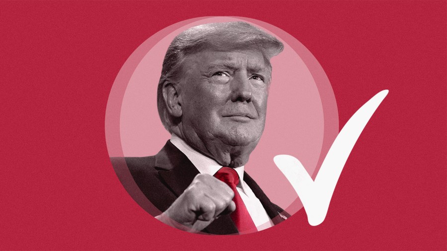 Photo illustration of Donald Trump over a pink circle and red background with an adjacent white check