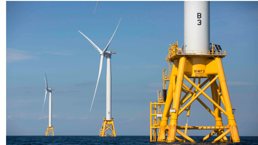 FILE - Offshore wind turbines stand near Block Island, R.I. on Aug. 15, 2016.