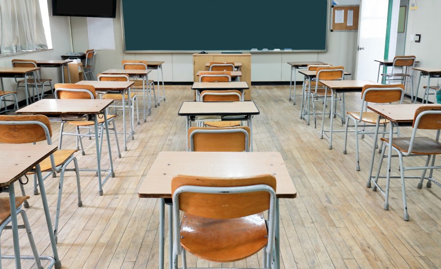 School desks in rows.