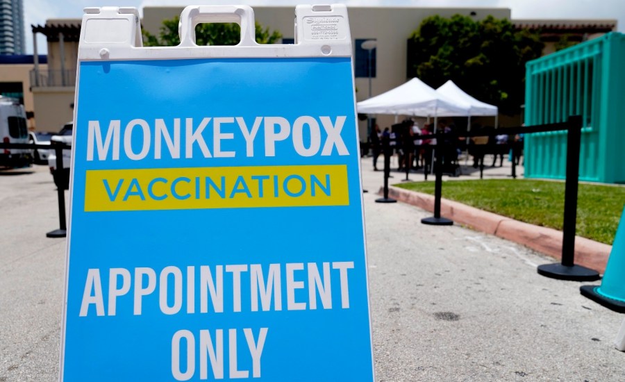 sign at outdoor clinic saying monkeypox vaccination appointment only