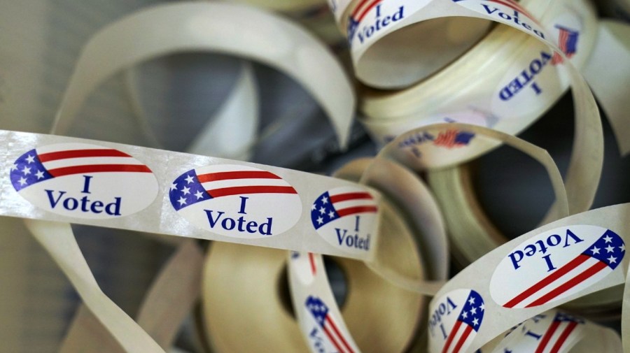 "I Voted" stickers are available for voters at an early voting location Thursday, June 23, 2022, in Oklahoma City.