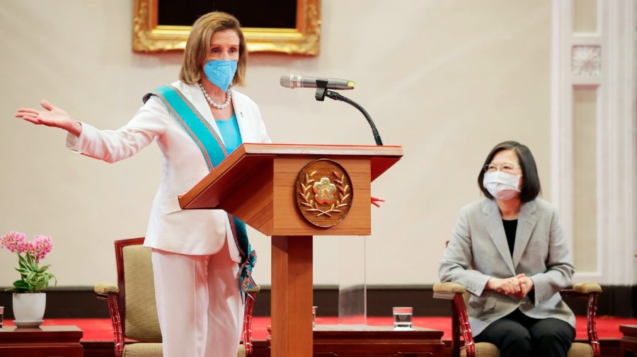 In this photo released by the Taiwan Presidential Office, U.S. House Speaker Nancy Pelosi speaks during a meeting with Taiwanese President President Tsai Ing-wen, right, in Taipei, Taiwan, Wednesday, Aug. 3, 2022.