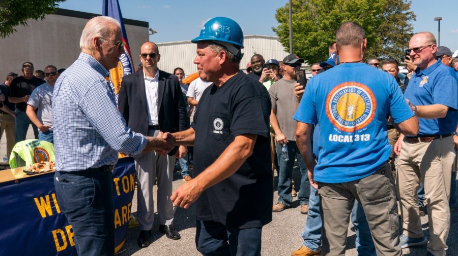 President Joe Biden greets labor union members of the International Brotherhood of Electrical Workers (IBEW) Local 313 in New Castle, Del., commemorating Labor Day, Monday, Sept. 6, 2021.