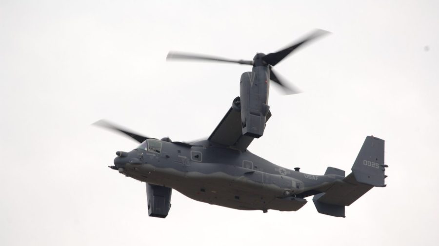 A U.S. Air Force CV-22 Osprey is seen in the sky.