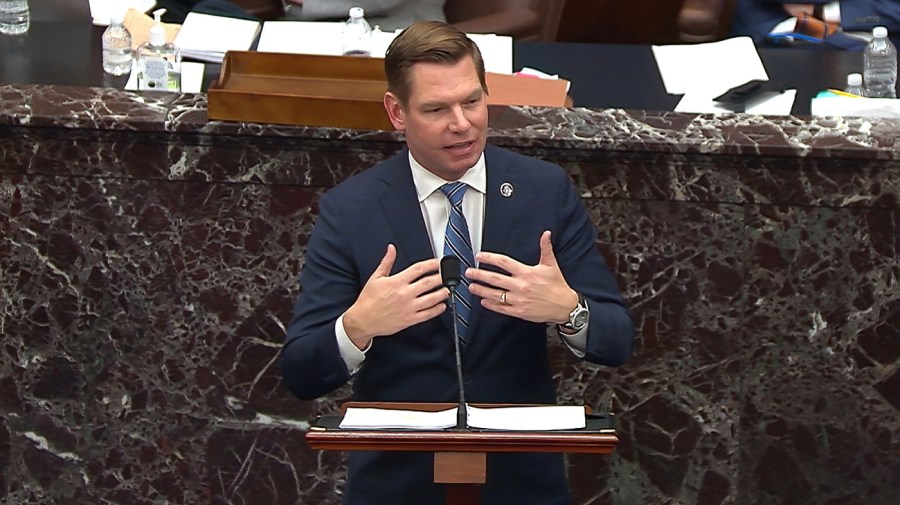 Rep. Eric Swalwell (D-Calif.) speaks during the second impeachment trial of then-President Trump in 2021.