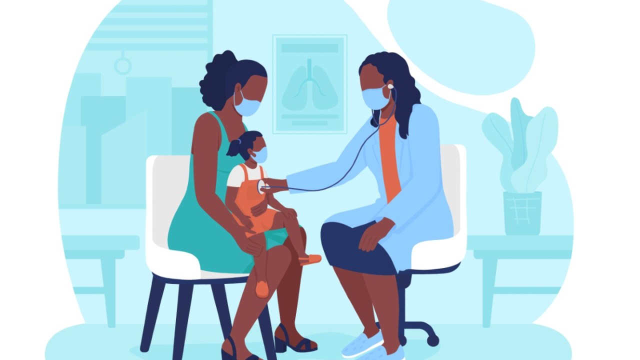 illustration of pediatrician with a parent and child