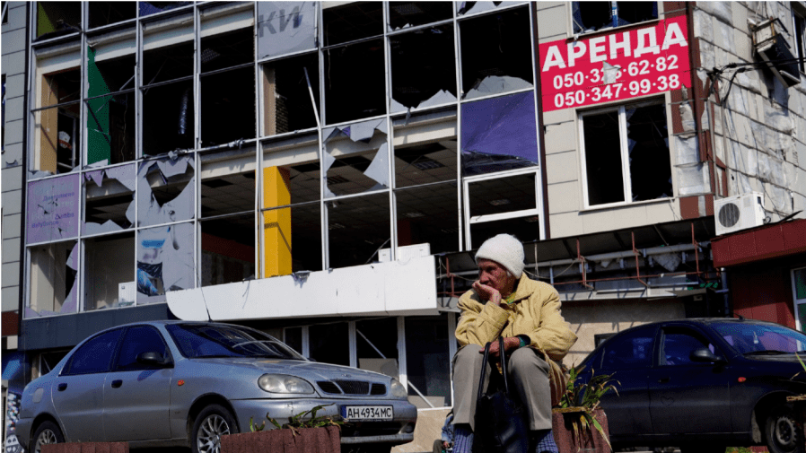 A woman is seen on a street in the city of Mariupol on September 25, 2022, amid the ongoing Russian military action in Ukraine.