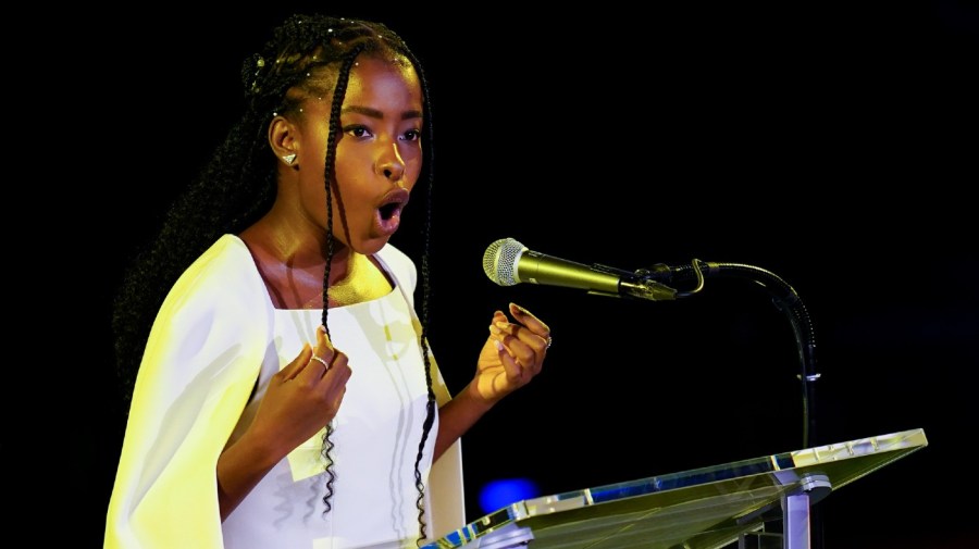 Amanda Gorman recites a poem during an event called "SDG Moment" at United Nations headquarters, Monday, Sept. 19, 2022.