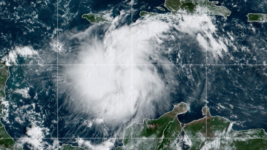 This satellite image provided by the National Oceanic and Atmospheric Administration shows Tropical Storm Ian over the central Caribbean on Saturday, Sept. 24, 2022.