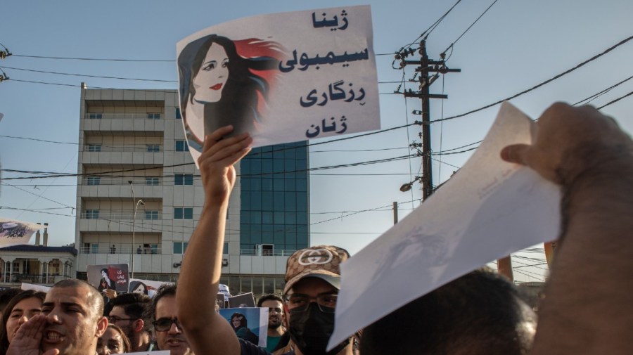 Protesters gather in Sulaimaniyah on Sept. 28, 2022, protest the killing of Mahsa Amini, an Iranian Kurdish woman after she was arrested in Tehran by morality police for wearing her headscarf improperly.