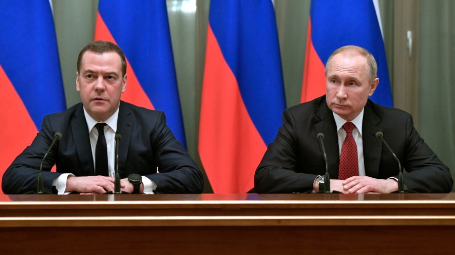 Then-Russian Prime Minister Dmitry Medvedev and Russian President Vladimir Putin