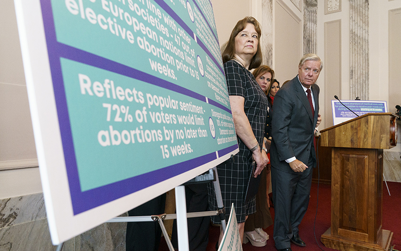 Sen. Lindsey Graham (R-S.C.) looks at a chart as he addresses reporters