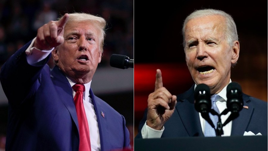 Former President Donald Trump (left) speaks at a rally in Wilkes-Barre, Pa., Saturday, Sept. 3, 2022 and President Joe Biden speaks outside Independence Hall, Thursday, Sept. 1, 2022, in Philadelphia.