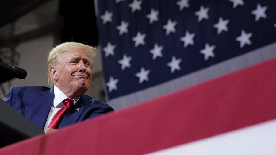 Donald Trump grins in front of an American flag.