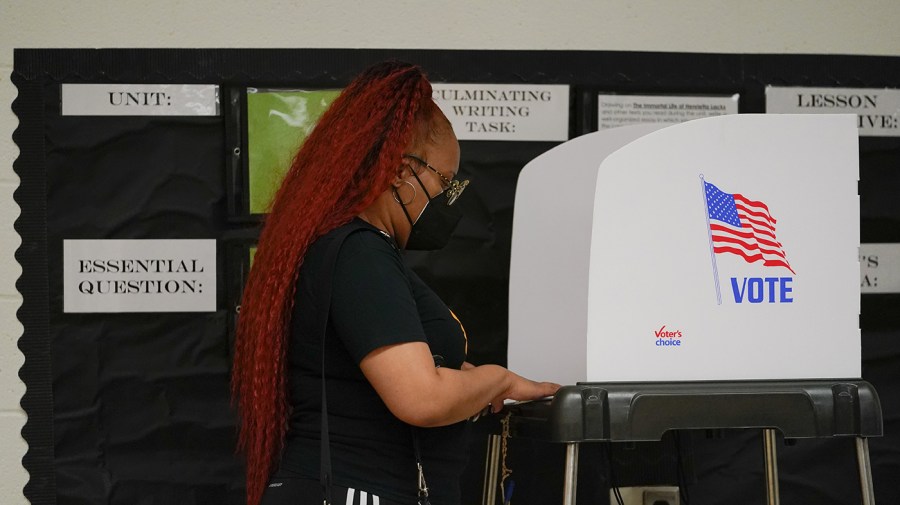 A woman uses a privacy booth to cast her vote