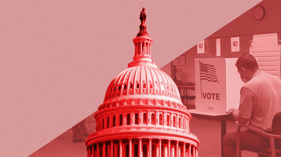 Photo illustration of red halftone Capitol dome, backed by textured light pink triangle and low opacity image of a person voting