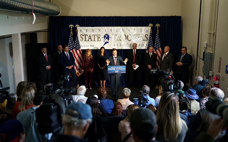 Republican Pennsylvania Senate candidate Mehmet Oz gives remarks