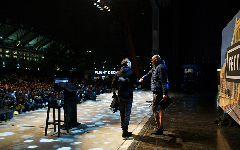 Democratic Pennsylvania Senate candidate John Fetterman greets Dave Mathews during a rally