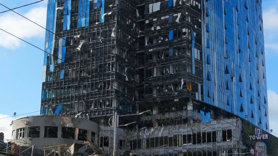 A damaged tower block at the scene of Russian shelling in Kyiv, Ukraine, Monday, Oct. 10, 2022.