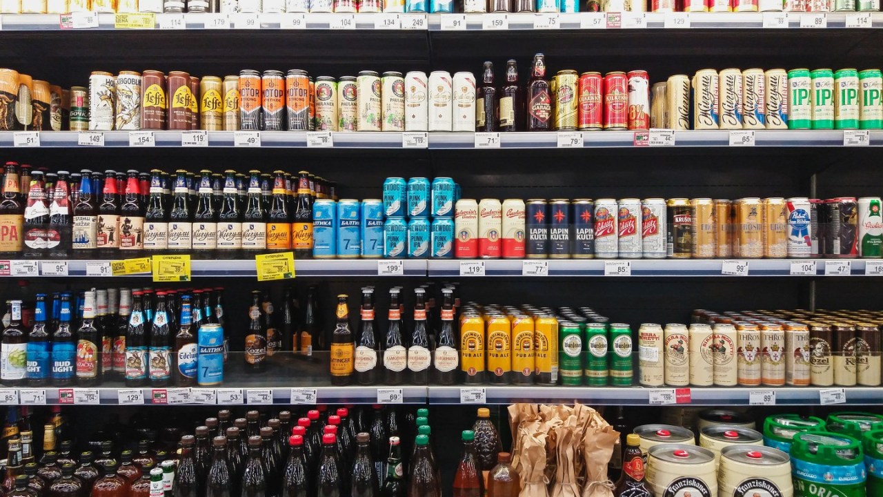 Beer on shelves.