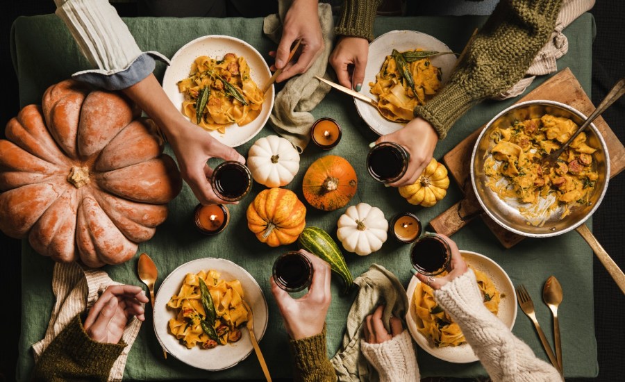 Aerial shot of Thanksgiving dinner.