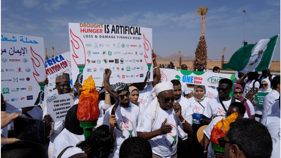 Demonstrators call for climate action on the African continent prior to the COP27 U.N. Climate Summit, Friday, Nov. 4, 2022, which start on Nov. 6, and is scheduled to end on Nov. 18, in Sharm el-Sheikh, Egypt.