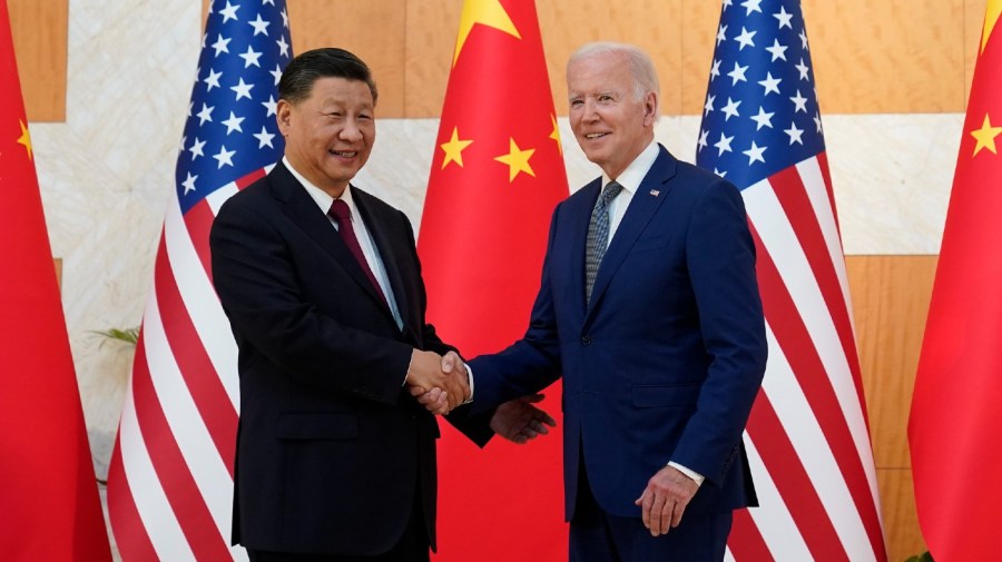 U.S. President Joe Biden shakes hands with Chinese President Xi Jinping before their meeting on the sidelines of the G20 summit meeting, Monday, Nov. 14, 2022, in Nusa Dua, in Bali, Indonesia.