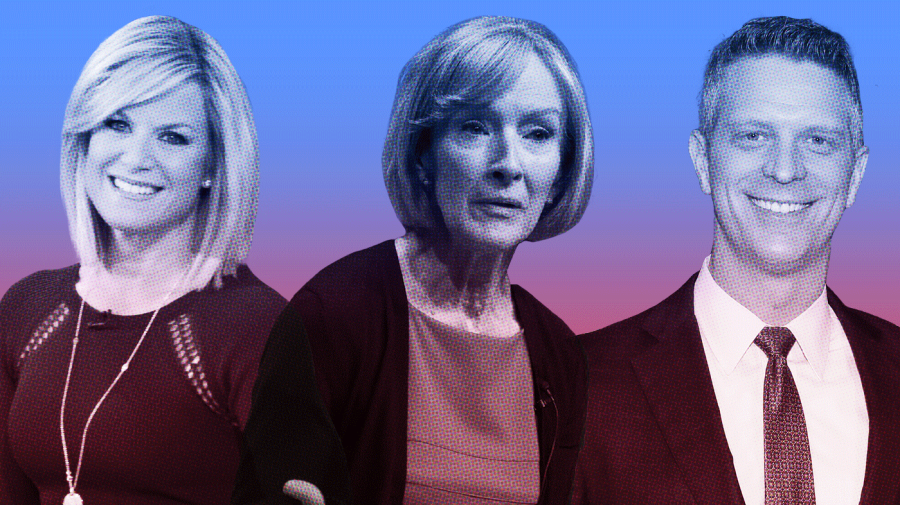 Photo illustration on blue/red background of textured Martha MaccAllum, Judy Woodruff and Garrett Haake.