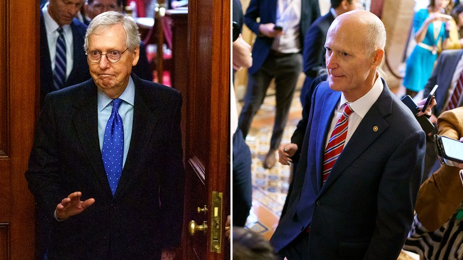 Senate Minority Leader Mitch McConnell and Sen. Rick Scott appear side-by-side in this composite image.