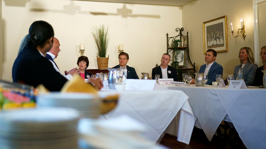 Sen. Susan Collins (R-Maine), Pennsylvania Republican candidate for Senate Mehmet Oz and Rep. Brian Fitzpatrick (R-Pa.) listen to local business owners