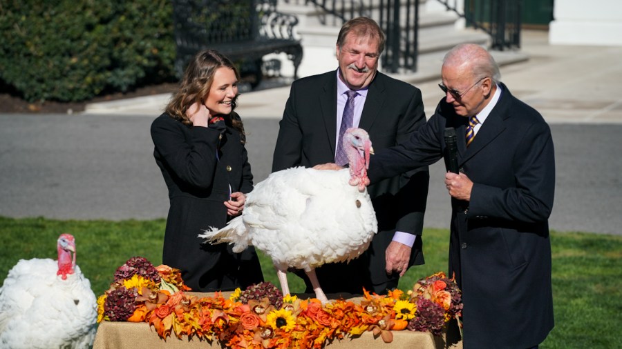 President Biden pardons Chocolate during the annual turkey pardoning ceremony on the South Lawn of the White House in Washington, D.C., on Monday, November 21, 2022.